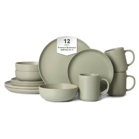 12-Piece Stoneware Dinnerware Sets with Mugs | Microwave & Dishwasher Safe | Non-Toxic Dinner Plates Bowls Set | Stackable Matte Glaze Kitchenwar (Main Material: Stone, Main Color: Green)